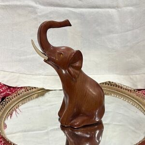 Vintage Faux Wood Art Deco raised trunk Elephant Made in Hong Kong 1960’s
8
